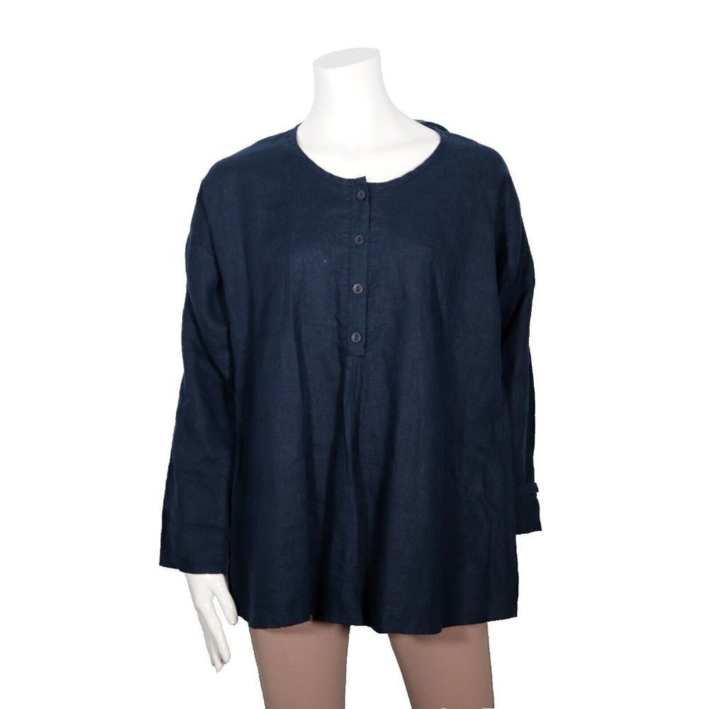 Flax Women's Size Medium Navy Blue Tunic Linen 4 Button Blouse Long Sleeve Shirt